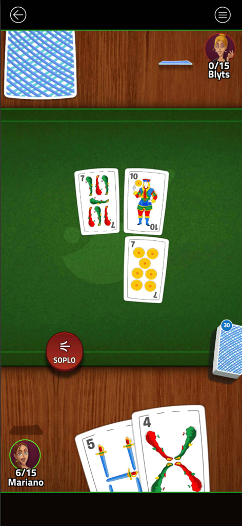 Gameplay screen of Escoba Blyts showing Spanish playing cards on a green table with player avatars and scores