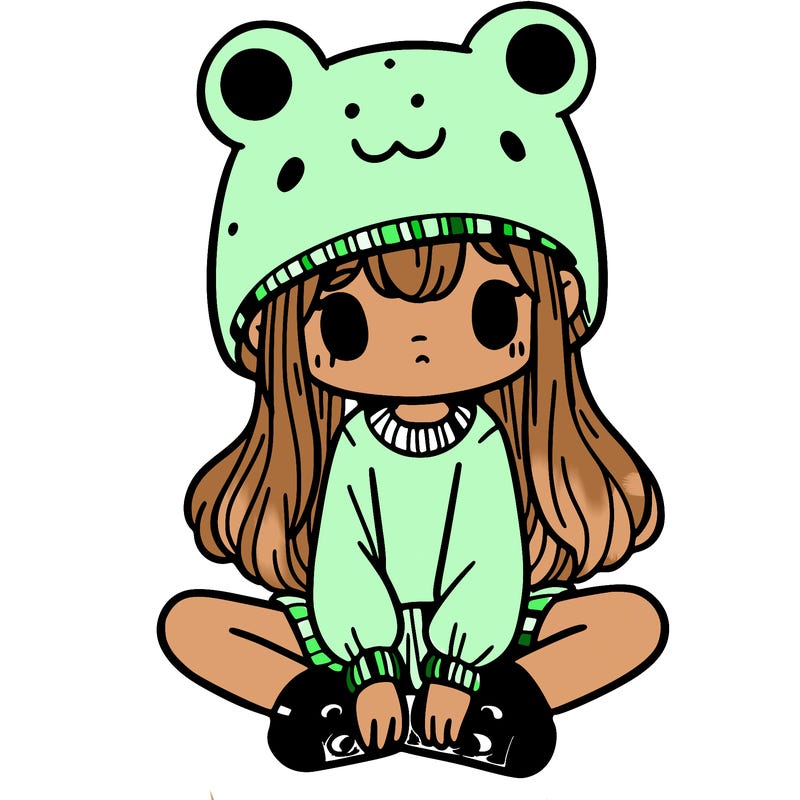 a girl wearing a frog hat and some frog socks