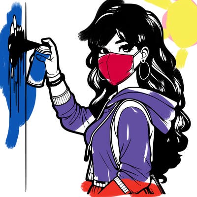 realistic girl with mask spray painting a wall