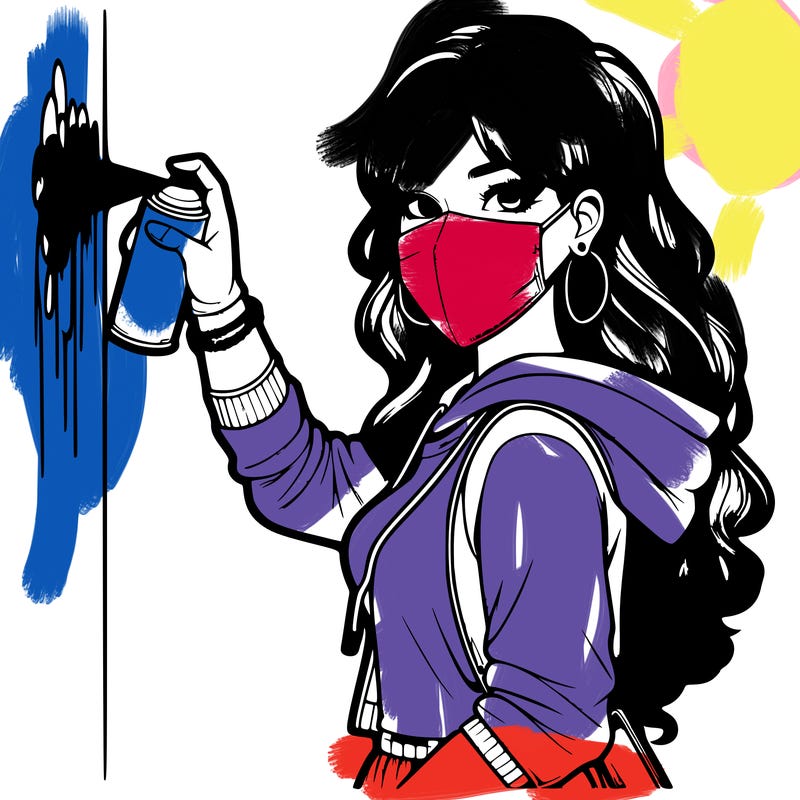 realistic girl with mask spray painting a wall