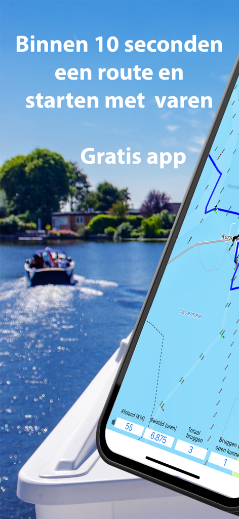 Smartphone displaying a boat route on a water map with navigation statistics
