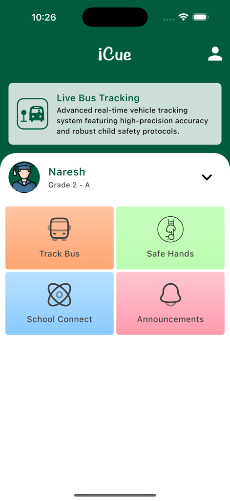iCue Parent - Pantalla de inicio de la aplicación iCue Parent que muestra mosaicos del panel de control para seguimiento de autobús y anuncios escolares