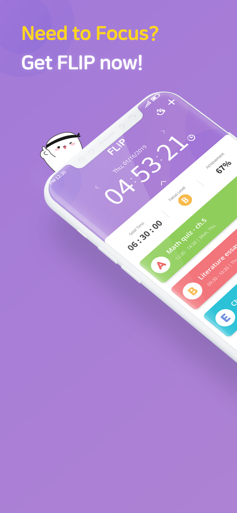 Smartphone screen showing the FLIP focus timer app with a study countdown and achievement statistics