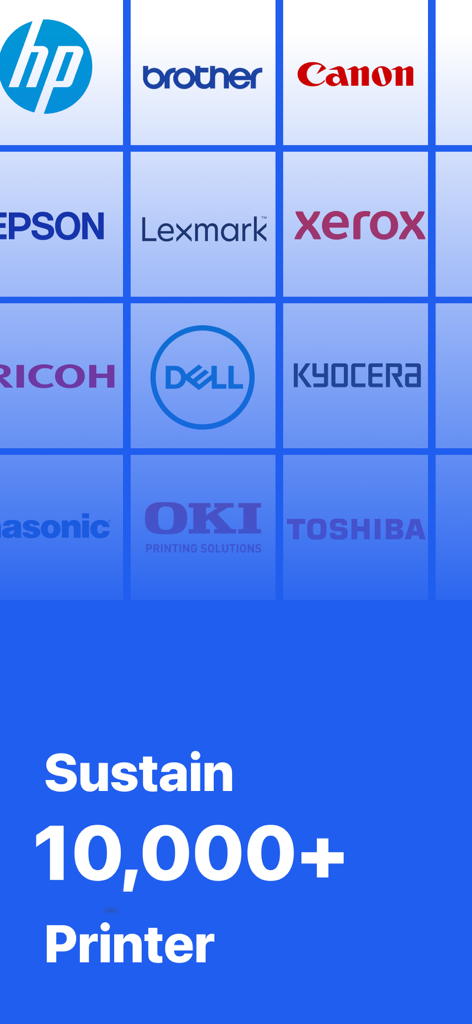 Printer Mini - A grid of logos from major printer brands like HP, Canon, and Brother, highlighting support for over 10,000 printer models.