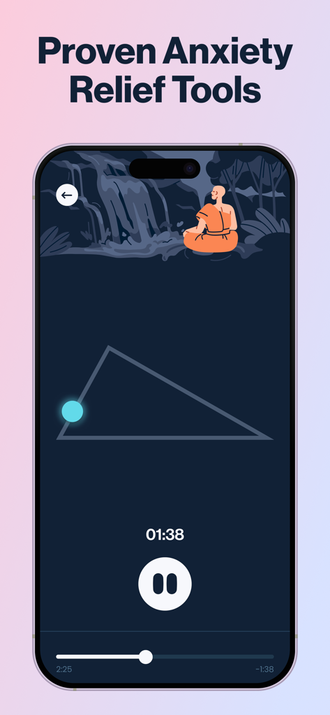 Anxiety Relief: Calmer - Pantalla de teléfono inteligente que muestra un ejercicio de respiración triangular guiada para el alivio de la ansiedad.