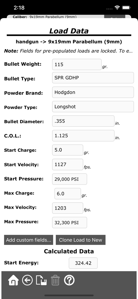 A screen from the Reloading Assistant app showing detailed ammunition load data for 9mm handgun rounds including bullet weight and powder type.