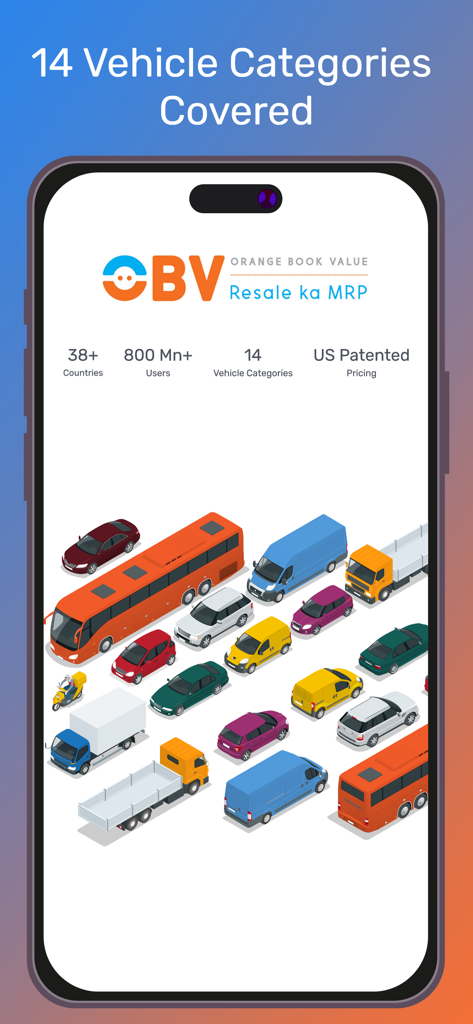 Orange Book Value app showing 14 vehicle categories covered including cars bikes and trucks
