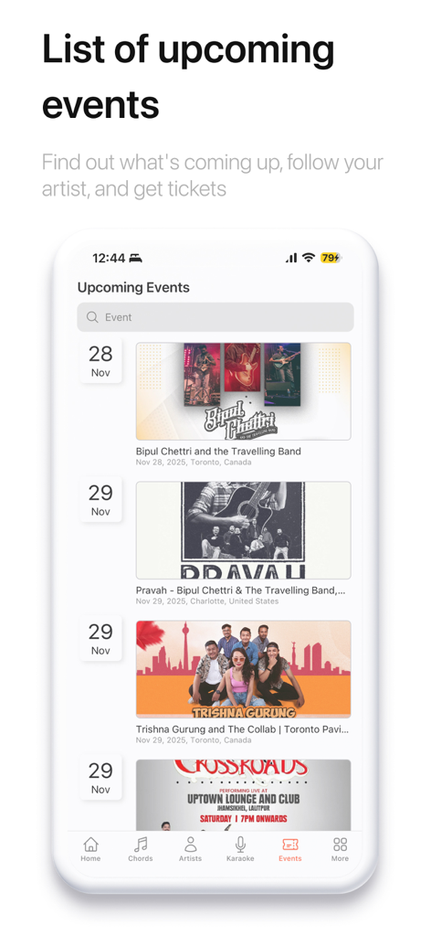 ChordPedia: Guitar Chords - ChordPedia app screen showing a list of upcoming live music events and artist tours