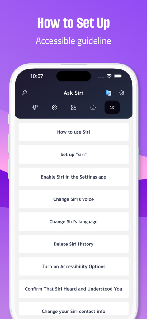 Ask app for Siri for use - Interface of the Ask Siri app displaying a menu of setup guides and configuration options for Siri on iPhone