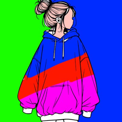 realistic girl with a oversized sweatshirt on and a bun