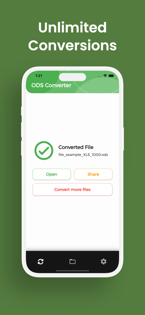 Pantalla de la aplicación móvil ODS Converter mostrando un archivo convertido con éxito con opciones para abrir o compartir