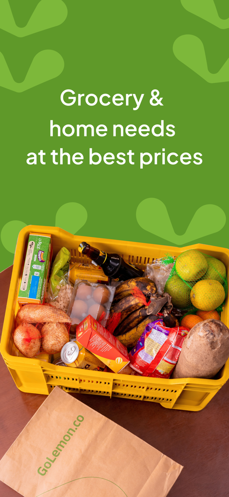 GoLemon: Grocery & Essentials - Yellow reusable crate filled with fresh groceries next to a GoLemon paper bag