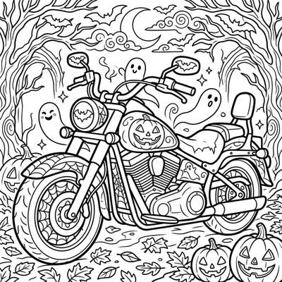 This exciting coloring page combines the thrill of a motorcycle with the spooky fun of Halloween. Discover jack-o'-lanterns, ghosts, and bats, ready for your creative touch to bring this eerie scene to life.