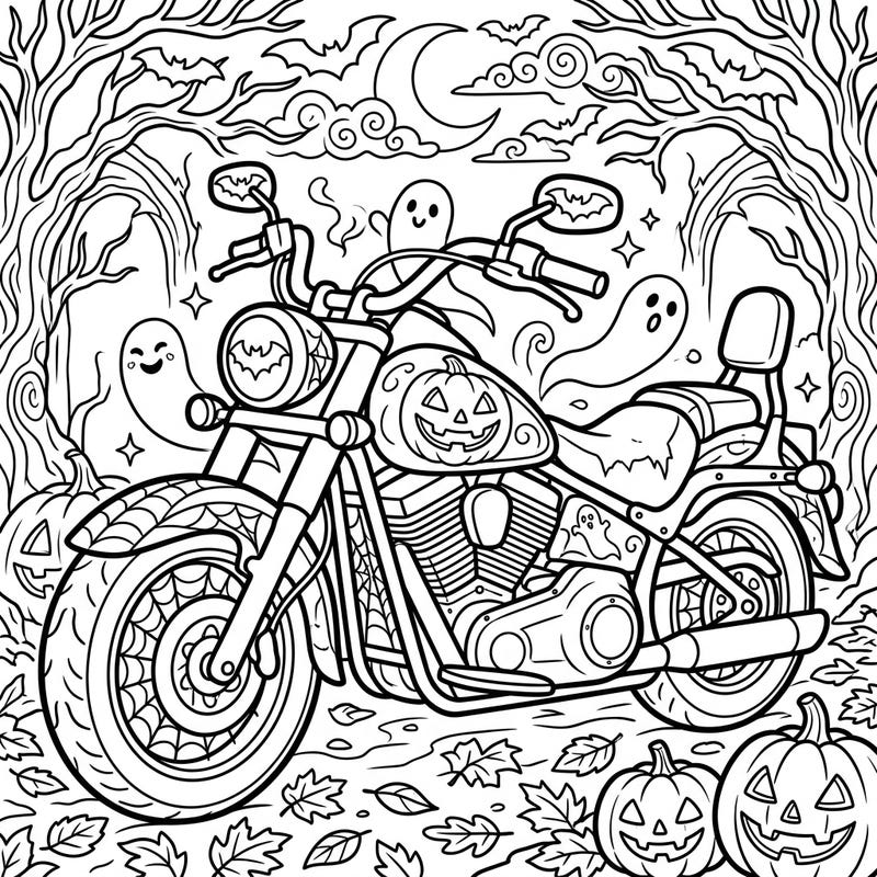 This exciting coloring page combines the thrill of a motorcycle with the spooky fun of Halloween. Discover jack-o'-lanterns, ghosts, and bats, ready for your creative touch to bring this eerie scene to life.