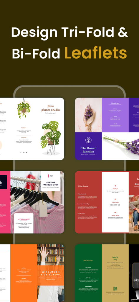 Tela do aplicativo exibindo vários modelos de design de brochuras de dobra dupla e tripla para pequenas empresas.