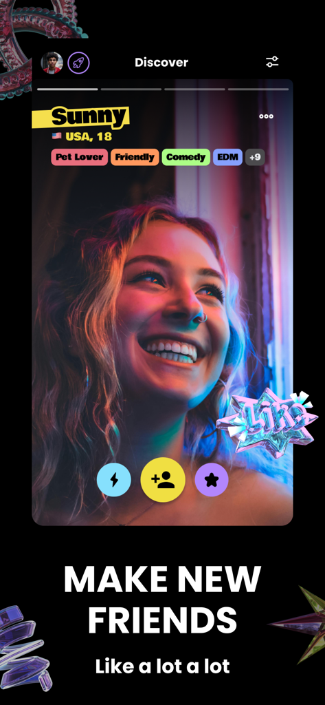 Un profil utilisateur sur l'application Renz montrant les intérêts et une photo amicale pour encourager à se faire de nouveaux amis.