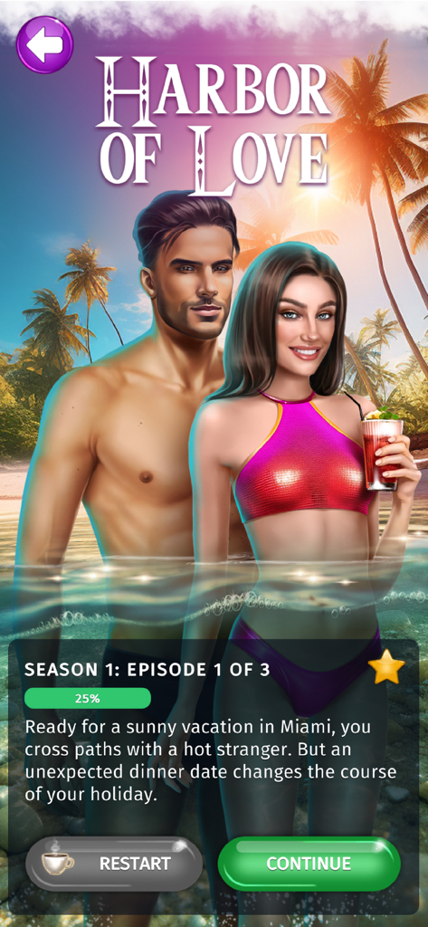 Chapters Interactive Love Game - Harbor of Love interactive romance story featuring a couple on a sunny beach in Miami