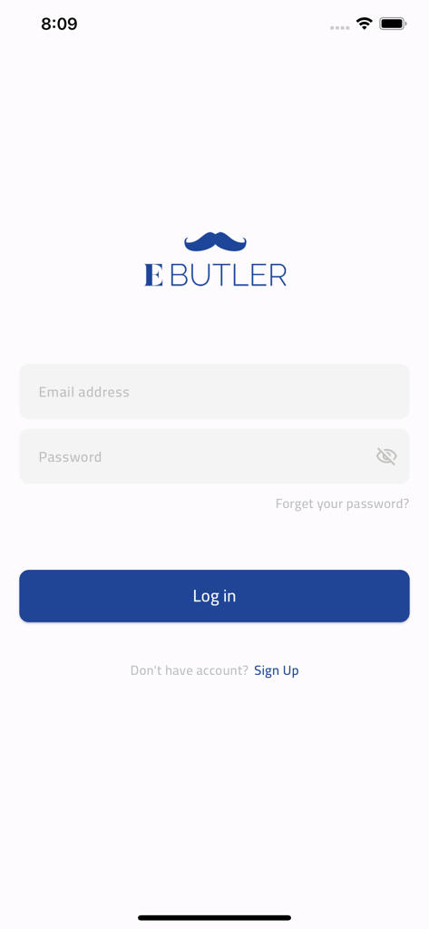 Tela de login do aplicativo E-Butler com campos para e-mail e senha