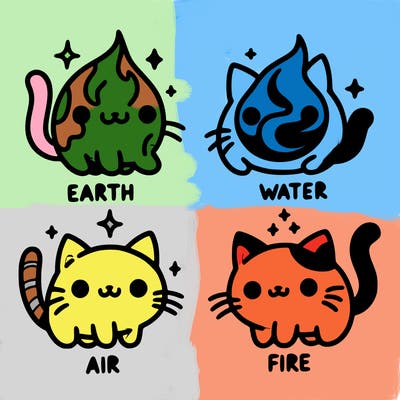 4 cats that represent the different elements, earth, water, air, and fire