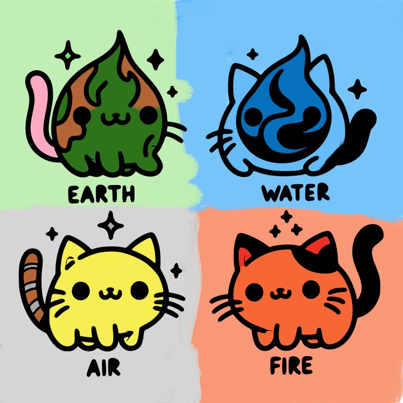 4 cats that represent the different elements, earth, water, air, and fire