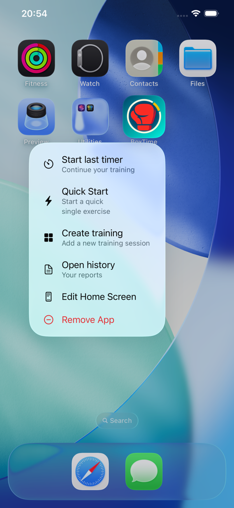 BoxTime - Boxing Timer - Ícone do aplicativo BoxTime em uma tela inicial do iPhone com seu menu de ações rápidas aberto mostrando opções como Iniciar último temporizador e Início rápido