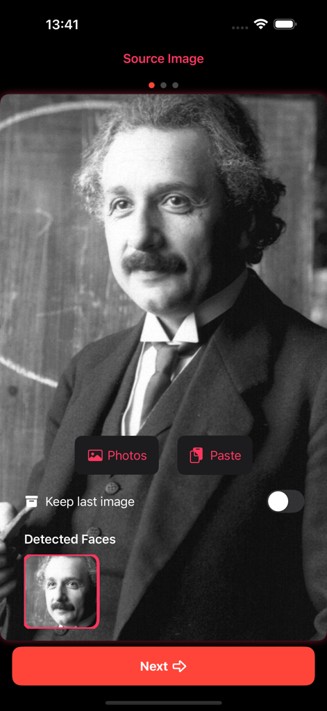 ReFaceX - ReFaceX App-Oberfläche zur Auswahl eines Quellbilds mit KI-Gesichtserkennung.
