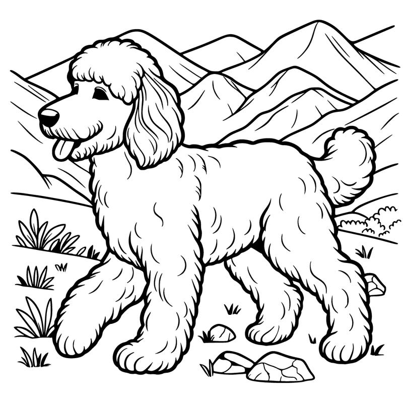 realistic golden doodle walking in mountains