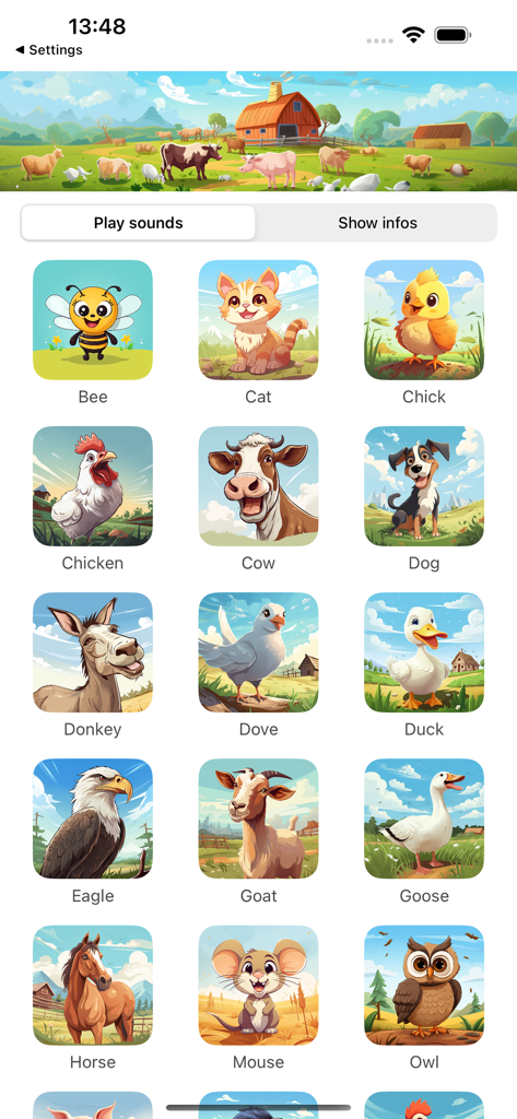 Animal Voices on a Farm - Interfaz de la aplicación Voces de Animales en la Granja que muestra una cuadrícula de animales ilustrados para que los niños pequeños aprendan nombres y sonidos