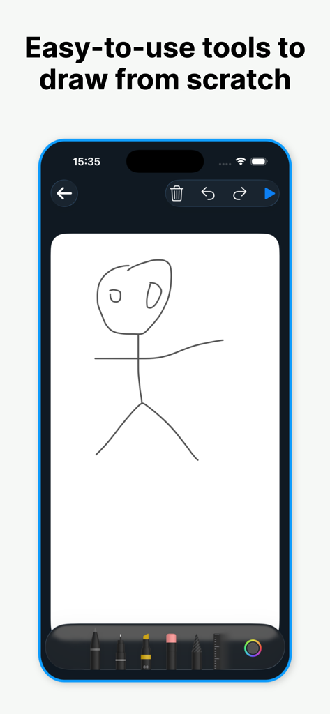 Tattoo Creator: AI Design Ink - A digital sketchpad within the Tattoo Creator app showing a simple stick figure drawing and a toolbar with various art tools.