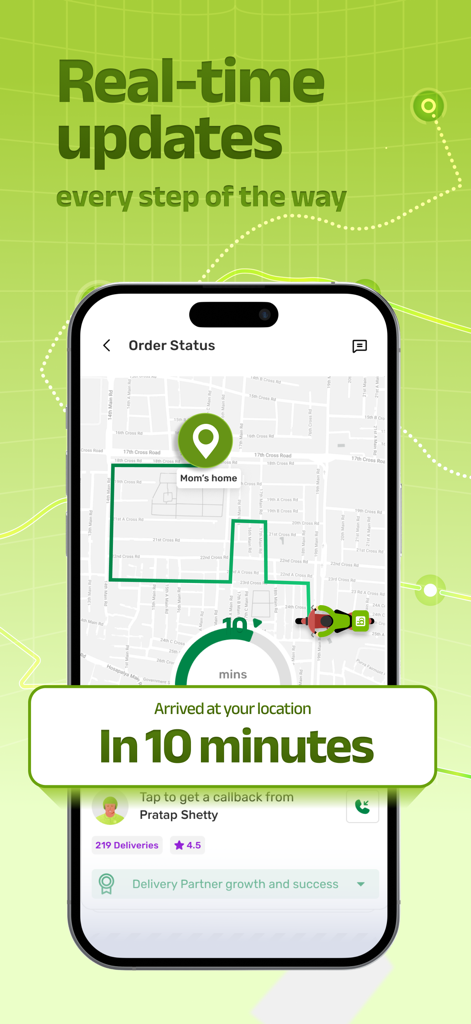 bigbasket: 10 min Grocery App - Real-time order tracking map on the bigbasket app showing a ten minute delivery status to Mom's home.