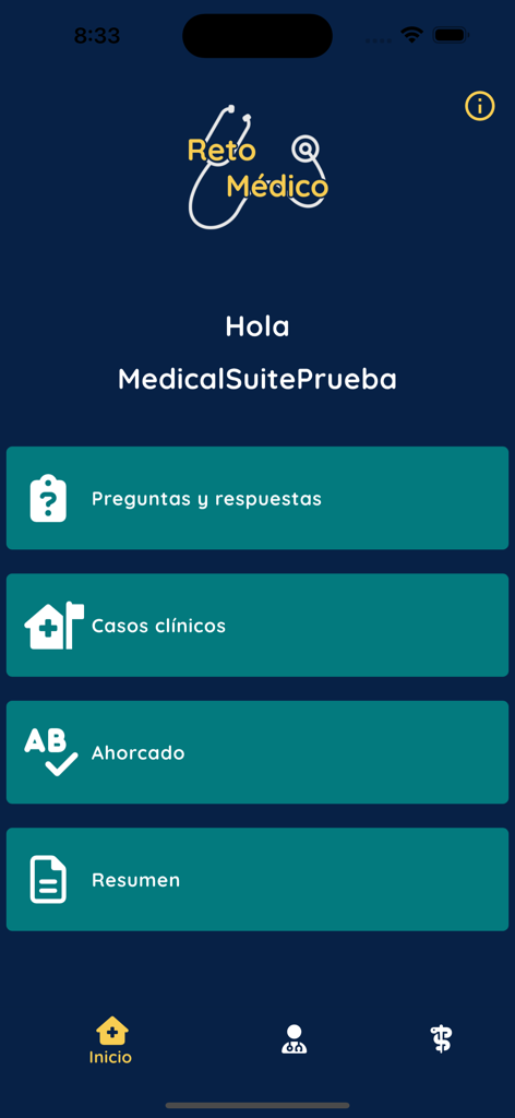 RetoMedico - Menú principal de la aplicación RetoMedico con módulos de estudio médico que incluyen casos clínicos y juego de ahorcado médico