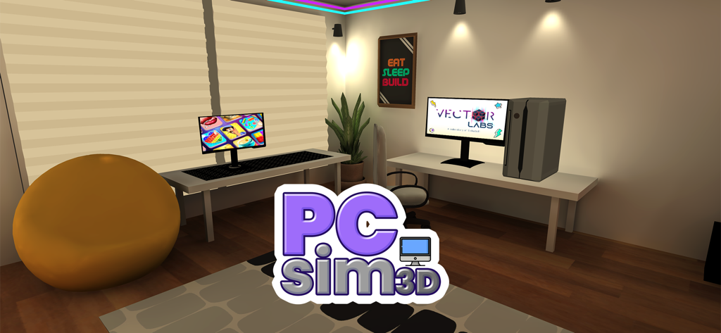 PC Simulator-Assemble Computer - Uma configuração virtual de escritório e sala de jogos com secretárias e computadores em PC Simulator 3D