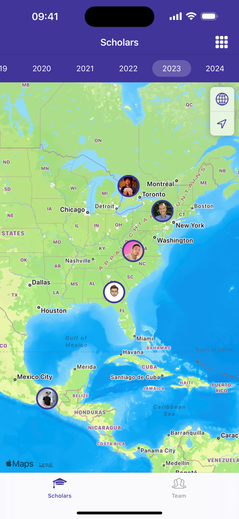 WWDCScholars - An interactive map within the WWDCScholars app showing the locations of scholarship winners with their profile pictures across North America.