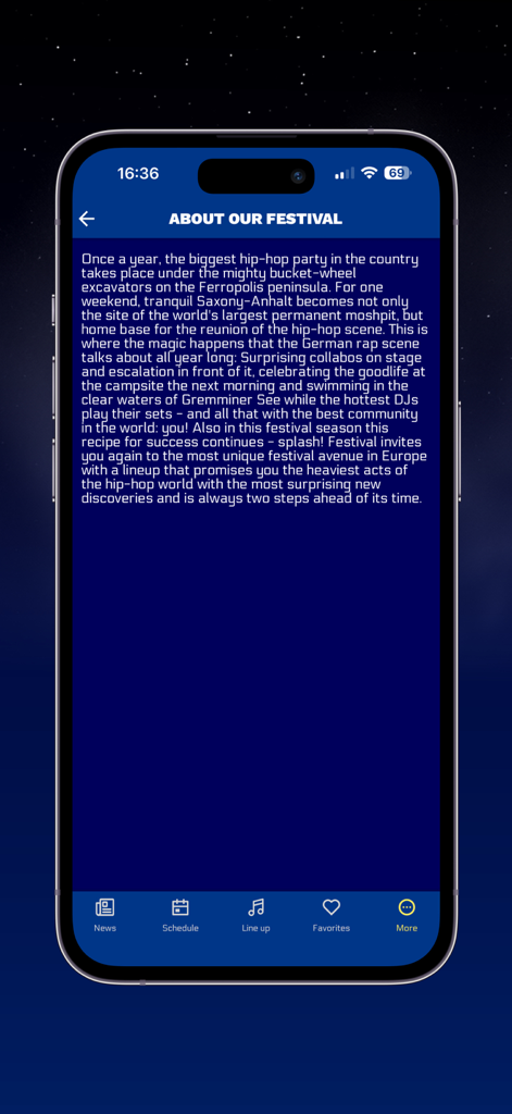 Splash! Festival 2026 - Schermata informativa sull'app Splash! Festival 2026 About Our Festival