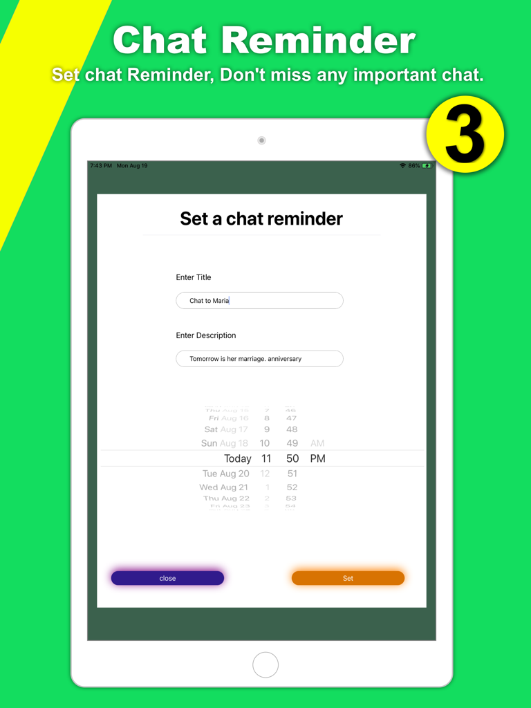Tela de configuração de lembrete de chat no aplicativo Messenger for Web para iPad.