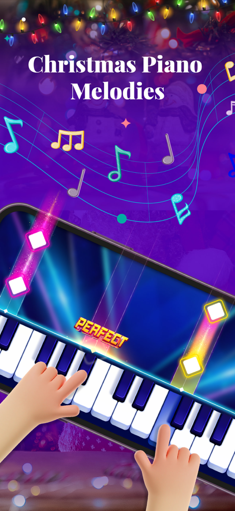 Piano Lessons: Simple & Easily - Eine Person spielt Weihnachtsmelodien auf einer mobilen Klavier-App mit fallenden Noten und festlichen Lichtern
