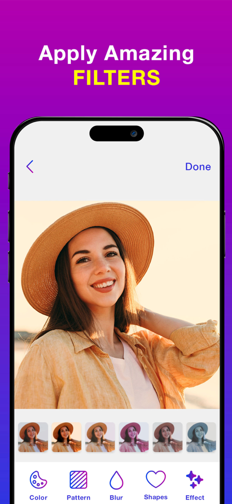 Mobile app interface showing photo filters being applied to a portrait of a woman wearing a straw hat.