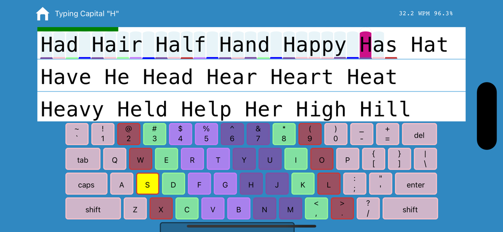Typing app interface showing a color coded keyboard and word practice with real time statistics