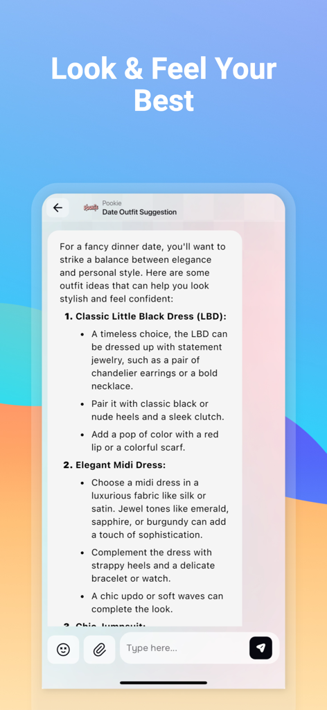 Sugerencias de atuendos para citas impulsadas por IA en la interfaz de la aplicación Pookie Tools que muestran consejos de estilo para una cena elegante.
