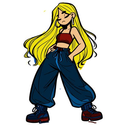 girl in baggy pants crop top and long hair