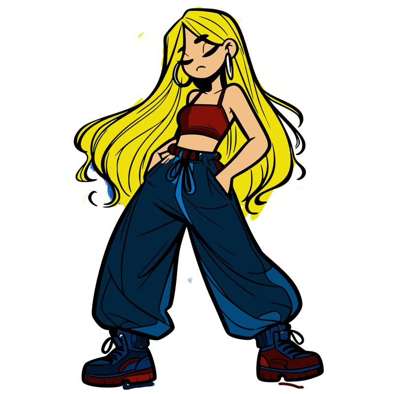 girl in baggy pants crop top and long hair