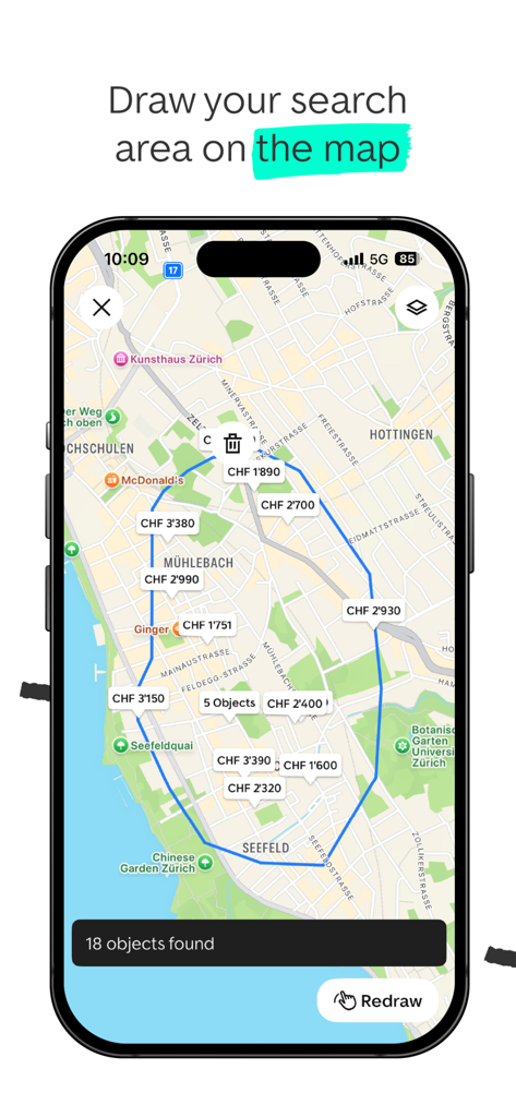 ImmoScout24 app showing a custom-drawn search area on a map of Zurich with property prices