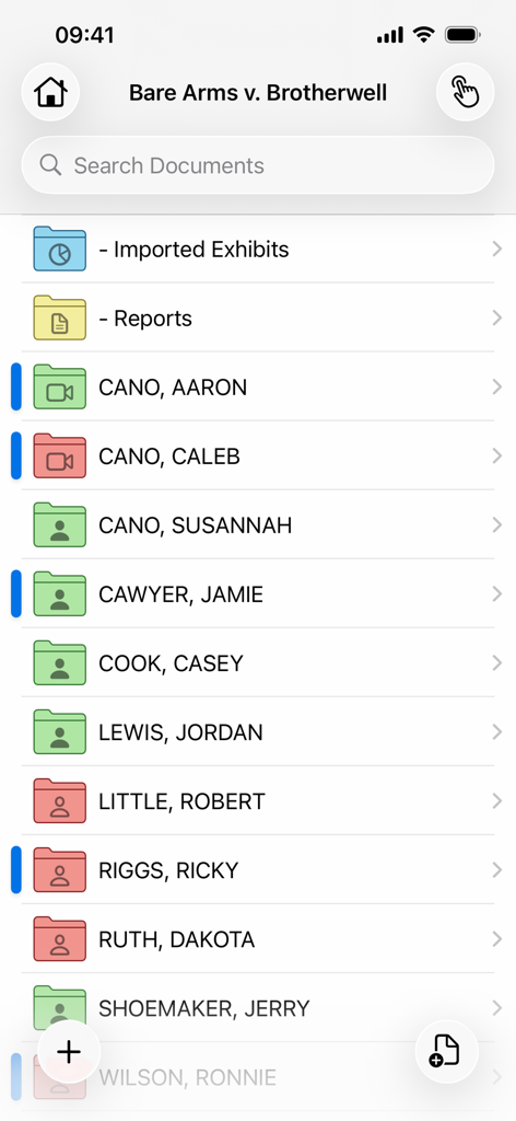 TranscriptPad - Review Depos - TranscriptPad app interface showing organized folders for legal case documents and deponents