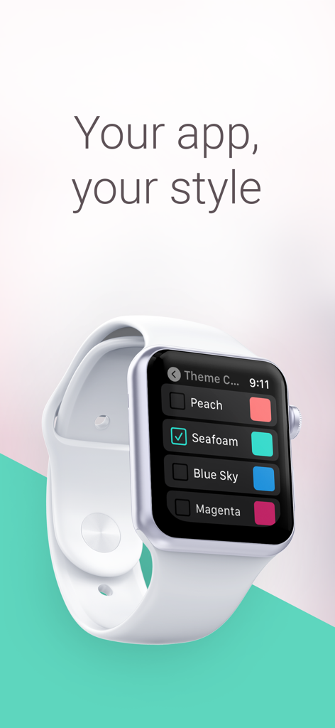 Apple Watch interface for the knitting and crochet row counter app showing multiple color theme options like peach seafoam and magenta