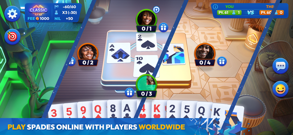 スペードマスターズのカードゲームインターフェース。エジプトをテーマにした4人プレイヤーのオンラインマッチが表示されています。