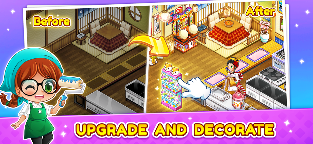 Before and after comparison of a Japanese themed cafe interior decoration