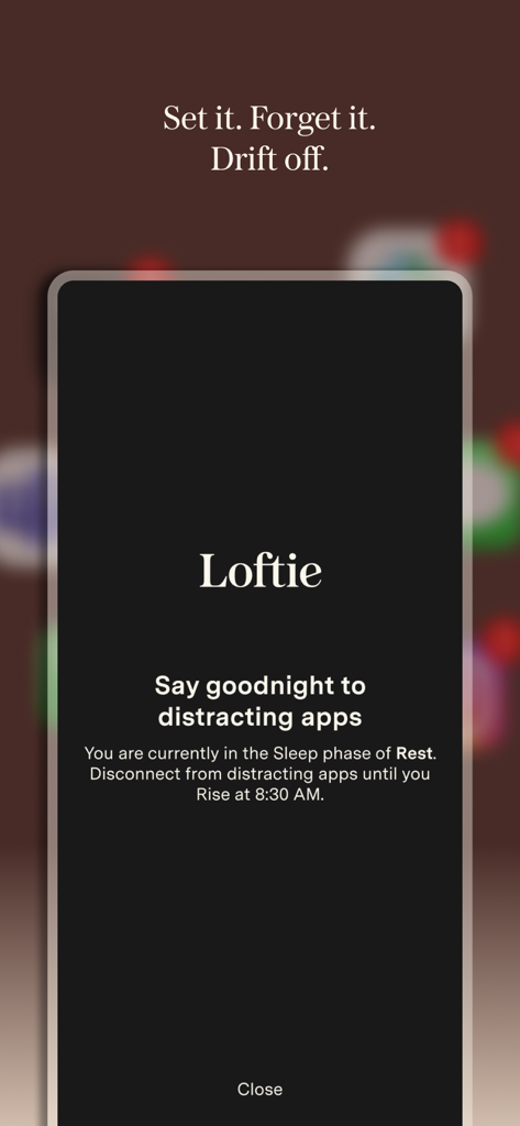 Loftie - A screenshot of the Loftie app interface with a message to say goodnight to distracting apps during the sleep phase.