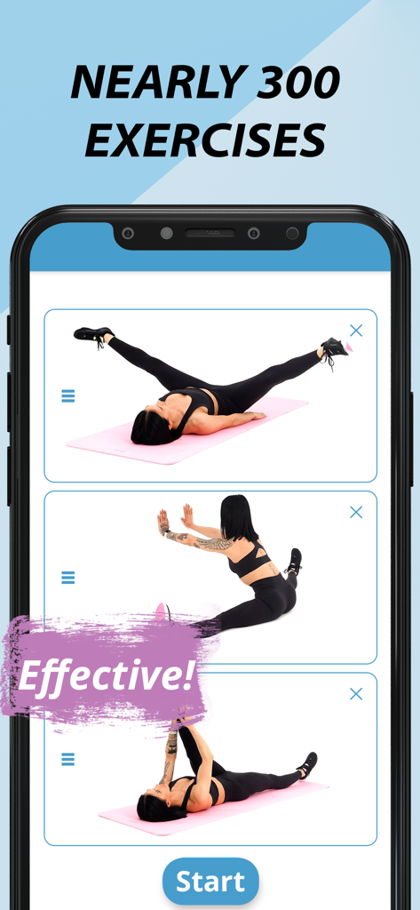 Stretching & Flexibility - Smartphone screen showing three different floor stretching exercises from the Stretching and Flexibility app