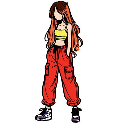 girl in baggy pants crop top and long hair