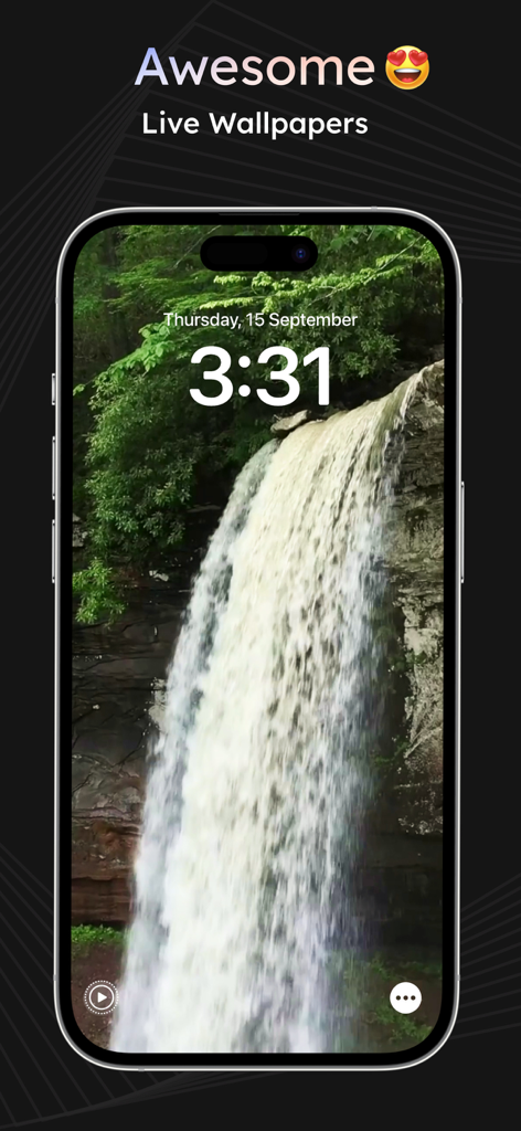 iPhone lock screen featuring a nature themed live wallpaper of a waterfall